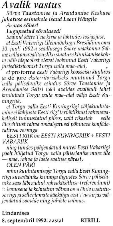 Avalik kiri ajalehes Esmaspäev 08.09.1992